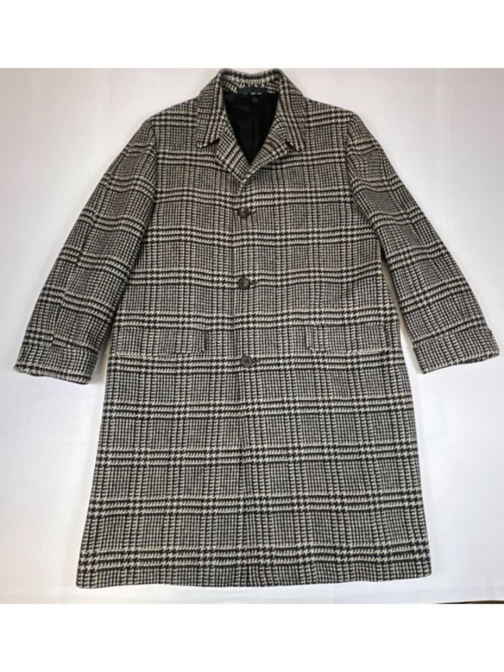 Charlie Baker Men 40R Vintage Black White Plaid Trench Coat Tweed Overcoat Wool